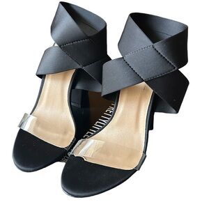 Pretty Little Thing Black Elastic Block Heel Sandal Size 6